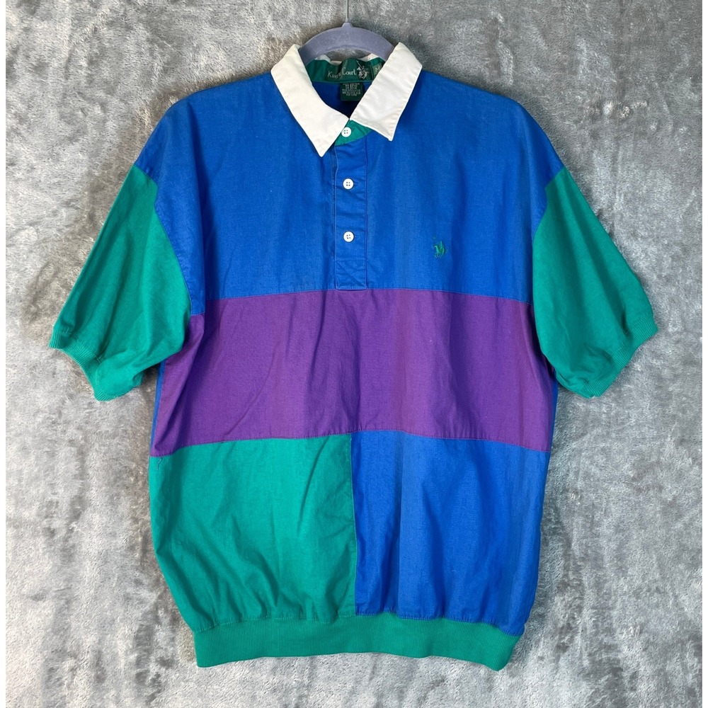 King's Court‎ Rugby Polo Shirt Mens M Multicolor Good Colorblock Cotton Vintage